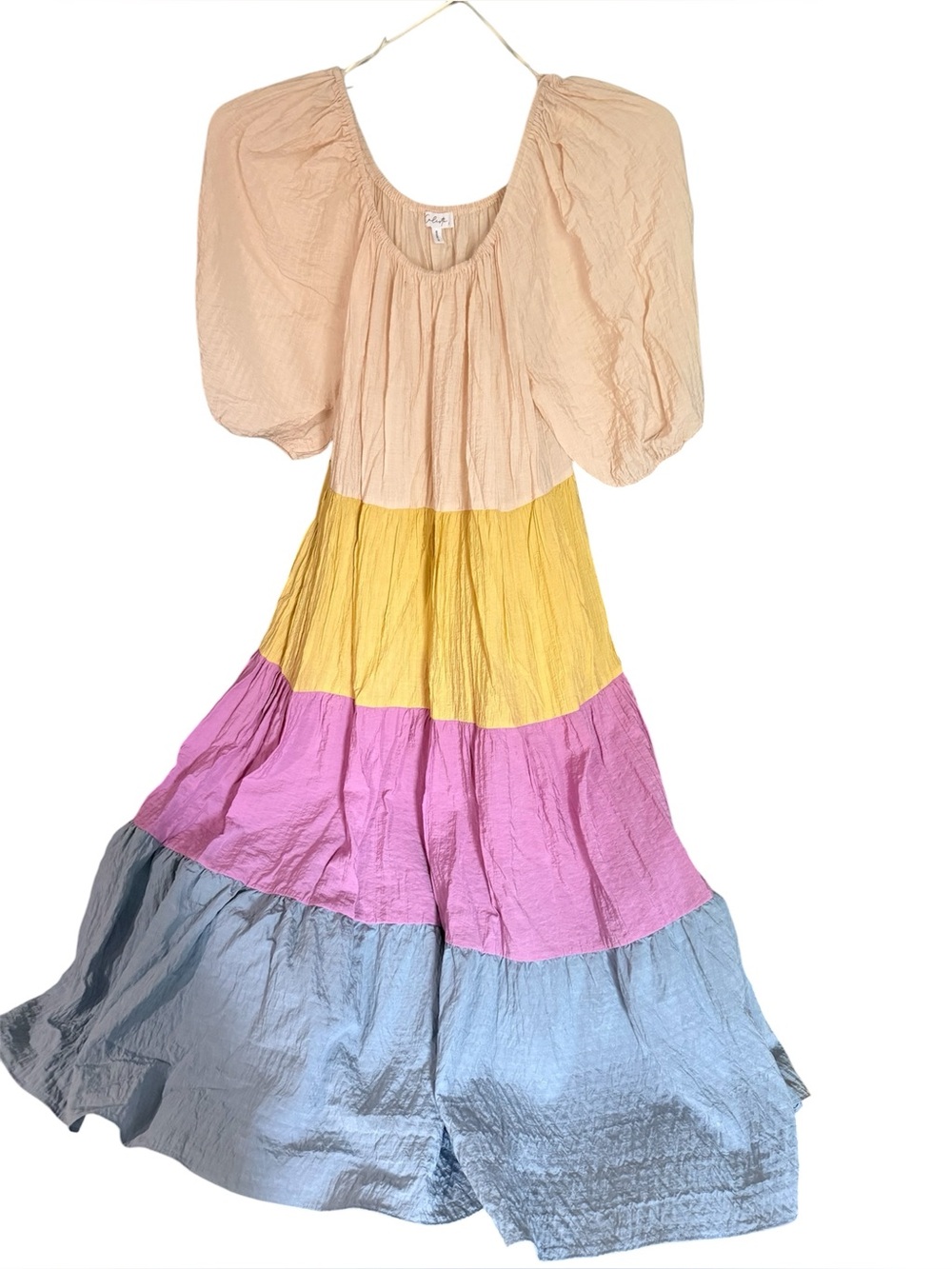 Women’s Colorblock Tiered Dress - Tan, Yellow, Pink & Blue Boho Dress Sz. M